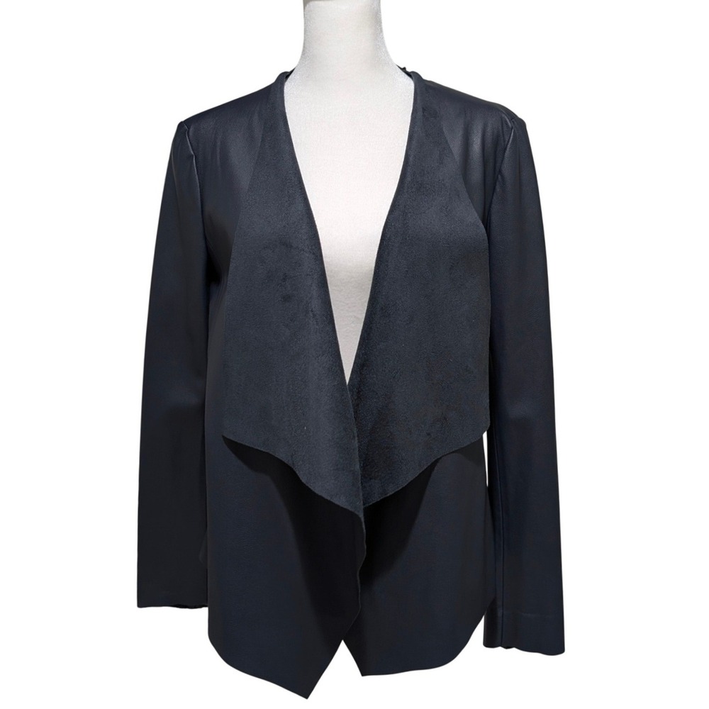 Zara Basic Faux Leather Draped Waterfall Jacket Navy Blue Small Open Front